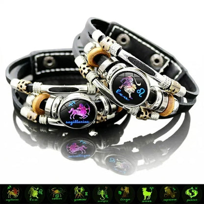 💥Last-day sale – 50% off ☪️Glow-in-the-dark leather zodiac sign bracelet for men and women (6.9/8.1 inches)♑️