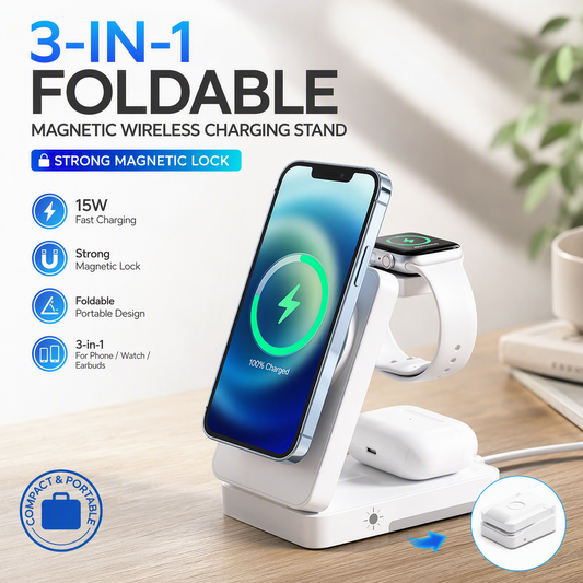 🔋 3-in-1 Foldable Magnetic Charging Stand for Everyday Devices