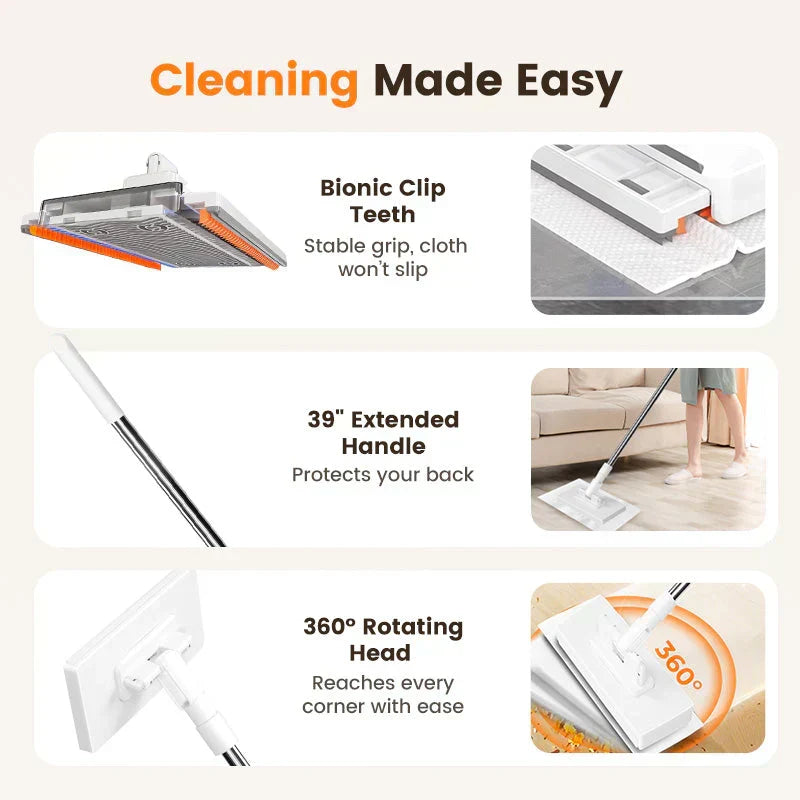 Flat Mop with Stainless Steel Handle, come with Reusable Washable Mop Cloths🏆