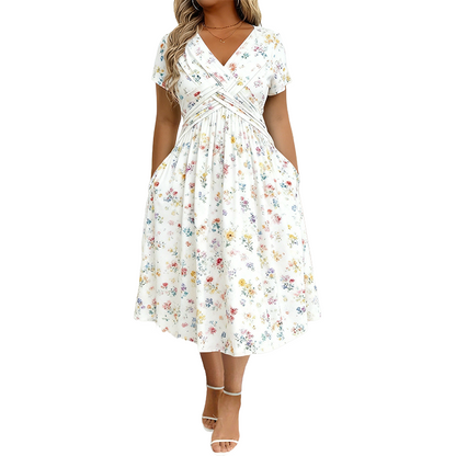 🌸 V-Neck Floral Midi Dress with a Flattering Twist Waist