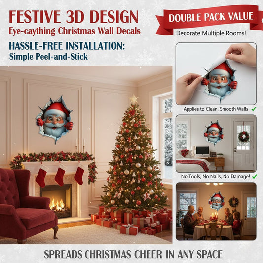 🎅 3D Santa Christmas Wall Decals for Instant Holiday Cheer