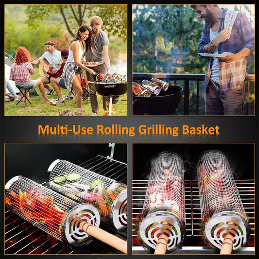 🍖 Stainless Steel Rolling Grilling Basket with Long Handle